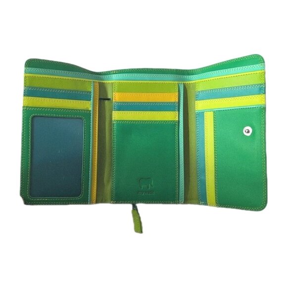 Italian Mywalit Tri-Fold Leather Wallet Coin Pouch Green Yellow Elephant Logo - Picture 2 of 8